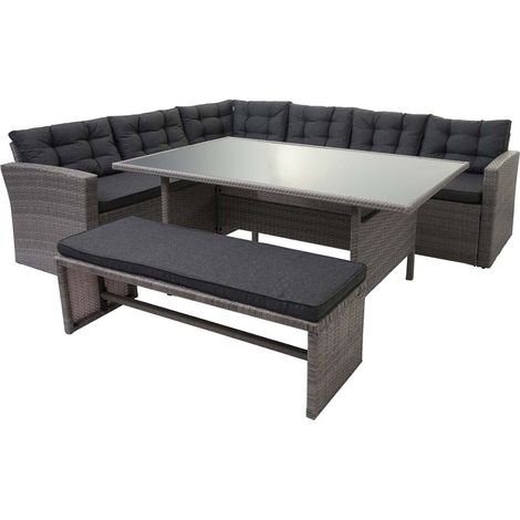 Poly-Rattan-Garnitur HHG-471, Gartengarnitur Sitzgruppe Lounge-Esstisch-Set Sofa grau, Kissen grau + Bank (1/5)