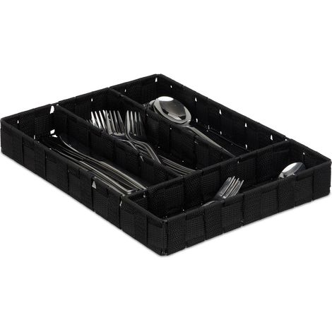 Relaxdays Cutlery Tray, 4 Compartments, Kitchen Flatware Organiser, Drawer Insert, HxWxD: 4.5x26x36 cm, Black