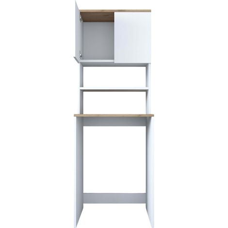 Mobilier1 – Meuble machine à laver en mélamine 183.6cm – 2 étagères – Design moderne en bois naturel et blanc – Fixation murale incluse (1/10)
