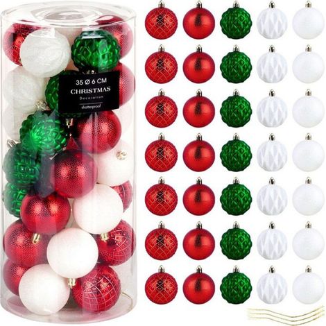 Boules De Noel - 6 Cm - Rouge Vert Blanc - Plastique - Incassables - 35 Pieces (1/5)