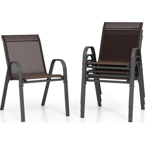 Goplus – Lot de 4 chaises de jardin empilables – Dossier haut et siège large – Accoudoirs incurvés – Métal et textilène – Charge max 150 kg