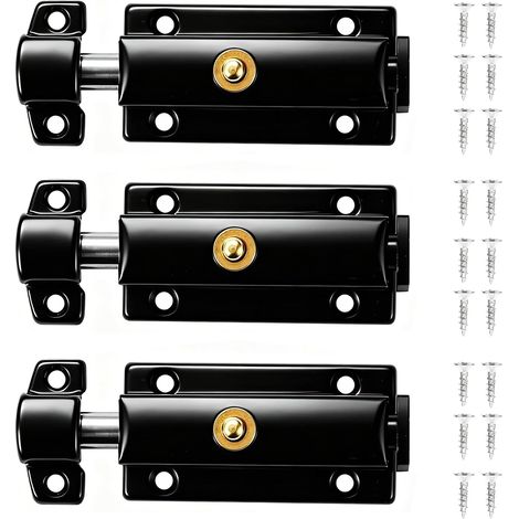 Set mit 3 schwarzen Federriegeln inklusive Schrauben – Automatischer Gartentorriegel – Türschloss – Anschraubbarer Türriegel für Fenster, Schranktüren, Tierkäfige (1/5)