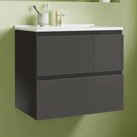 SKY Bathroom 60cm Anthracite Vanity Unit,2 Soft-Close Drawers & Ceramic Basins,Wall-Mounted Modern Design,Space-Saving Storage (1/5)