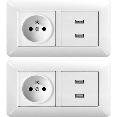 2 pièces Prise murale 2P+T, Prise USB 2 ports, Module combiné blanc, Installation saillie horizontale/verticale (1/4)