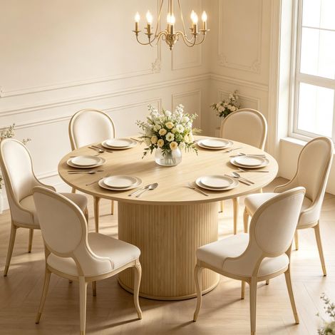 Table ronde pour 4 à 6 personnes, Ø 120 x 75 cm, table de cuisine à piètement cylindrique effilé, finition bois naturel (1/5)