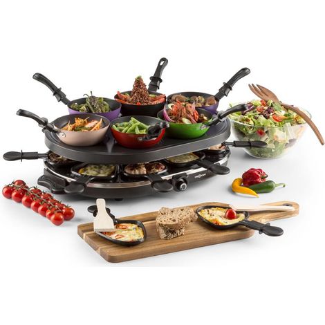 oneConcept Woklette - Raclette Grill , Tischgrill , Partygrill , Leistung: 1200 Watt, stufenlos regulierbare Temperatur , inkl. 8 Pfännchen und Holzspatel , Antihaftbeschichtung , schwarz