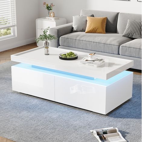 Mesa de centro 95x45x35 cm blanca en tablero de partículas con LED, 2 cajones y estante semicubierto (1/5)