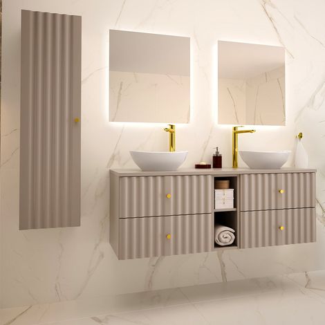 Petits-Meubles – Ensemble meuble double vasque 140 cm – 2 niches et colonne – Façade MDF 18 mm – Vasques en céramique – Système de fermeture silencieuse (1/5)