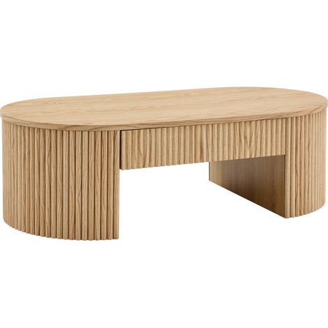 Table basse ovale avec tiroir, design rainuré fluted, en MDF, coloris bois clair, meuble de salon pour rangement discret et déco scandinave - CHICFURN (1/5)