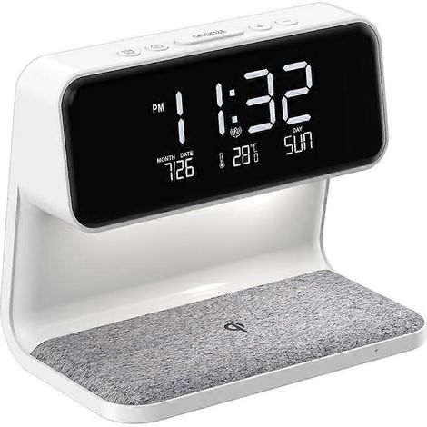 Réveil avec chargement sans fil et lumière à intensité variable station de charge pour réveil numérique adaptée aux chambres, aux tables de chevet et aux bureaux. (1/5)