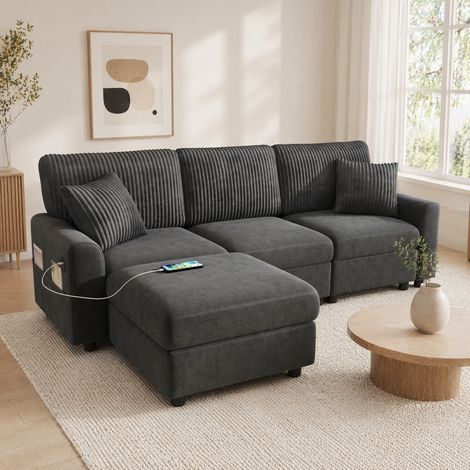 REDOM Sofá 223x146x84 cm, con reposapiés y 2 cojines, USB y Type C, chenilla y pana, negro (1/5)