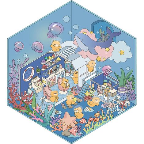 Maison 3D générique , autocollants de paysage Déplacez-vous avec la dessin animé , dessins d'animaux