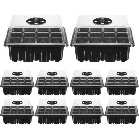 Juego de 10 bandejas para semilleros con 12 celdas, con cúpulas transparentes y bases con regulación de humedad, para la germinación y el crecimiento de plántulas de jardín.