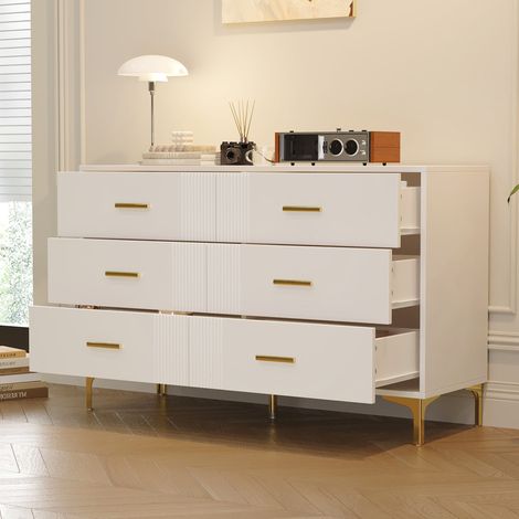 Buffet moderne 120x40x76cm - avec 6 tiroirs  - pieds en métal - MDF - blanc
