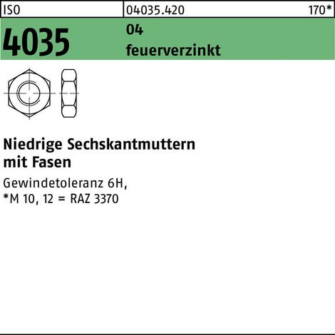 Sechskantmutter ISO 4035 niedrig m.Fasen M 12Automatenstahl feuerverzinkt 100 Stück