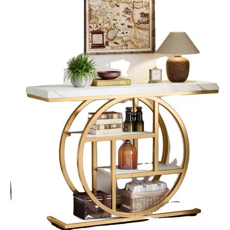 Mesa consola, almacenamiento de 4 niveles, diseño industrial, color dorado. (1/2)
