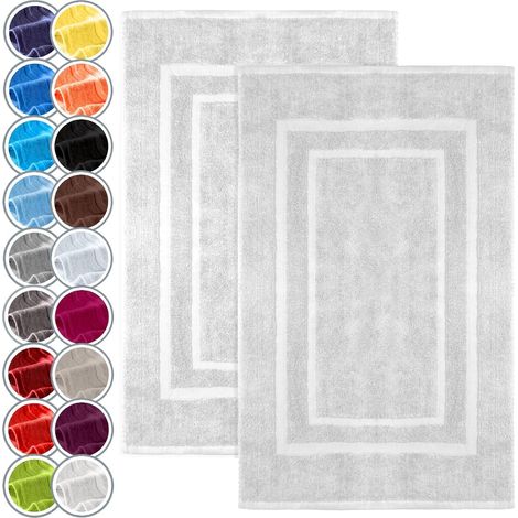 Ensemble de deux tapis de bain, 50 x 80 cm, en tissu éponge 100 % coton – épais et très absorbant – séchage rapide – sans envers en caoutchouc – blanc (1/4)