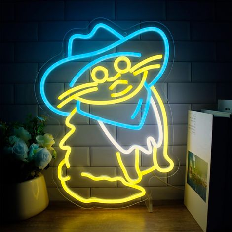 Lampe néon LED en forme de chat, chapeau de cowboy western, jaune, idéale pour la décoration de fête, chambre, salon, café et bar (42 x 31 cm) (1/2)