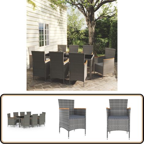 9-tlg. Garten-Essgruppe mit Kissen Poly Rattan Grau - Gartengarnituren - Gartenmöbel Set - Outdoor Esstisch - Rattan Gartenstuhl - Balkonmöbel