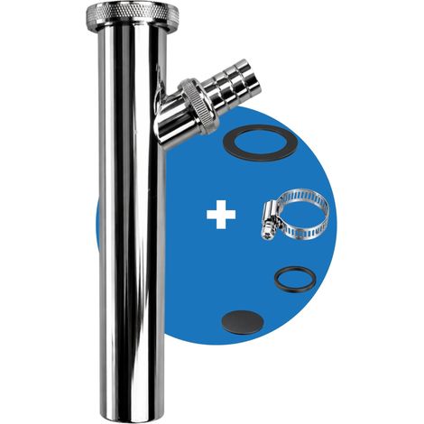 Tuyau de vidange universel - 1 1/4" x 200 mm x Ø 32 mm - Tube plongeur avec raccord d'appareil - Tuyau pour siphon de lavabo - Lave-vaisselle chromé + collier de serrage (1/5)