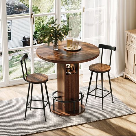 MEUBLIV Table haute ronde 80 cm noyer avec 2 tabourets, rangement et repose-pieds métal (1/5)