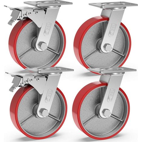 ORION91oficial® - Pack X 4 Ruedas Caucho, Alta Calidad, muebles pesados - 2x Ruedas con freno 200 mm que soportan hasta 1520 kg y 2x Ruedas sin frenos para mueble electrodomésticos - Rojas - spaziOrio