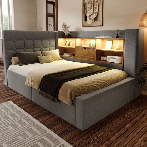letto contenitore 90x200 LED USB grigio salvaspazio HAVRYA (1/5)