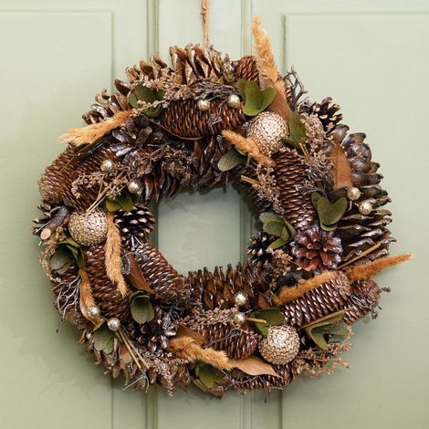 36cm Indoor Gold Leaf and Pinecone Traditional Christmas Wreath Door Decoration (1/3)