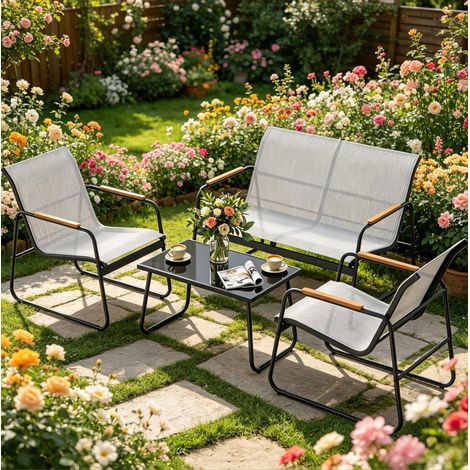 Salon de jardin 4 pièces avec canapé 2 places, 2 fauteuils et table en verre, gris OKWISH (1/5)
