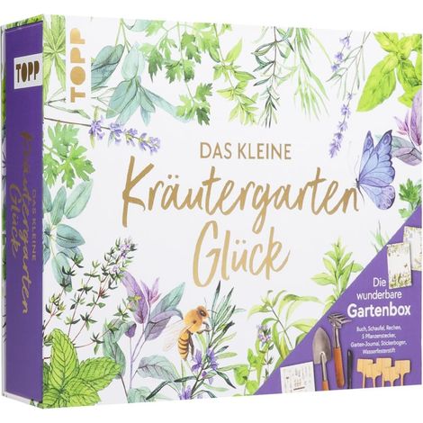 Le petit bonheur du jardin d'herbes aromatiques - La merveilleuse boîte de jardin avec herboristerie et outils : herboriste, journal d'herbes, pelle, râteau, 5 piquets de plantes, stylo imperméable
