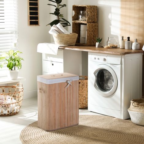 Panier à linge étroit avec couvercle, 72 L, avec poignée, pour buanderie ou chambre, finition naturelle