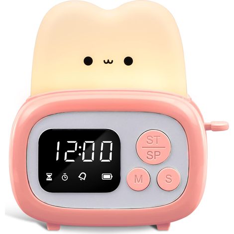 Minuteur mignon avec horloge et veilleuse, lampe grille-pain mini avec réveil LED pour enfants et adultes, outil d'étude pour bureau enfant, chronomètre fitness maison, lampe chambre et cuisine. (1/5)