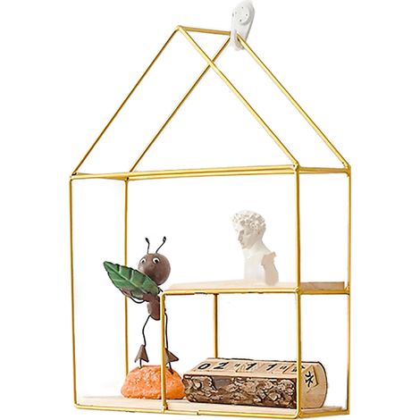 Étagère Murale Dorée à Deux Niveaux en Bois et Métal pour Salon, Cuisine, Salle de Bain - Rangement Élégant