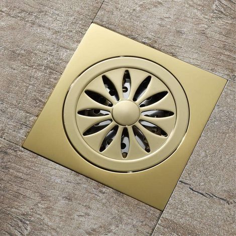 Quadratischer runder 10,2 cm Bodenablauf aus goldfarbenem Kupfer für Badezimmer (1/5)