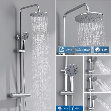 Auralum columna ducha termostatica, Conjunto de ducha de Baño, Altura Ajustable 80-110cm, Sistema de ducha con Ducha de Lluvia y 3 modos de ducha de mano, Cromo