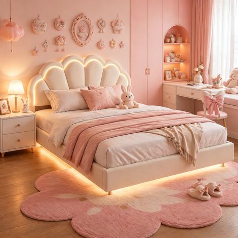 Lit Rembourré 140x200 cm,Lit de Fille avec tête de LED réglable et sommier à Lattes, Lit Flottant Design Forme Couronne,Velours Beige