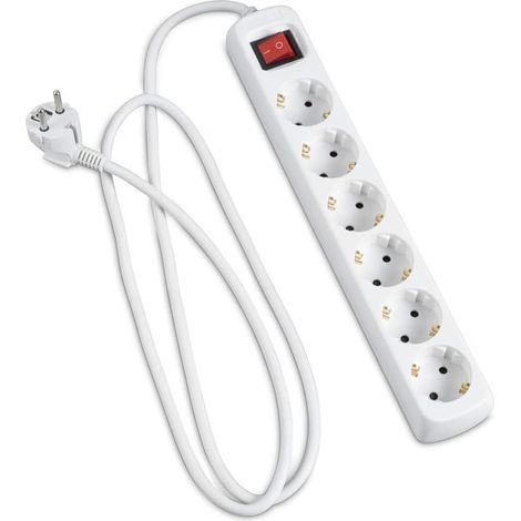 Multiprise 6 Voies avec Interrupteur, câble de 1,5 m, 3G, 1,5 mm², Blanche, idéale pour alimenter Plusieurs appareils électriques.