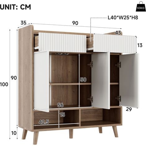 Meuble à chaussures 3 portes 2 tiroirs pieds bois aspect bois/blanc 90x35x100 cm