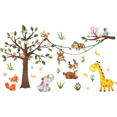 SHINING HOUSE Pegatinas de pared con animales del bosque, calcomanías de pared con árboles, animales, zorros, ciervos, hojas, decoración de pared, habitación de niños, guardería de bebés (1/4)