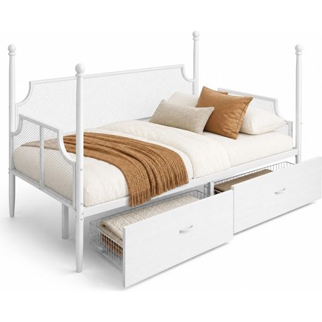 CHICFURN Lit banquette en métal blanc esprit vintage avec dossier grillagé et deux tiroirs format 90 x 200 (1/5)