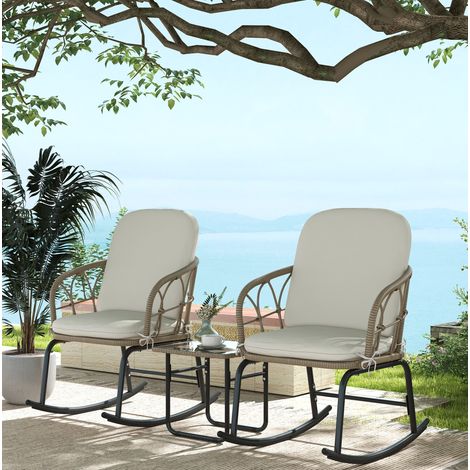 Set di sedie a dondolo da giardino in rattan giallo, 2 poltrone con cuscini e tavolino con vetro temperato (1/5)