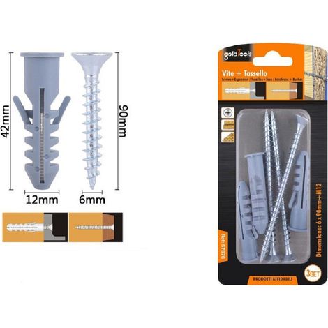 Kaela - Set 3pz Viti Vite Croce 6x90 Mm + Tasselli Con Alette Tassello M12 Fischer 57576 - (1/2)