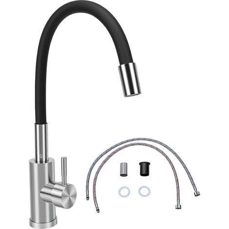 Robinet d'évier extractible 360° à poignée unique – Flexible silicone indéformable, acier inoxydable, cartouche céramique anti-goutte – Eau chaude/froide, installation monotrou universelle – 2 flexibl (1/5)