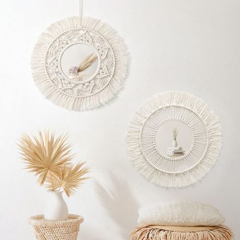 Lot de 2 Miroir Mural Macramé Rond Miroir Muraux avec Frange Suspendu Miroir Pendentif Art Ornement Boho Decor pour Appartement Maison Chambre Salon(Beige, 2 Pièces) (1/5)