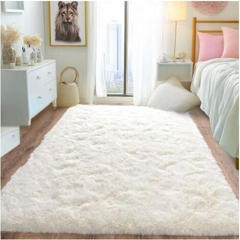 Pair Tapis à poils longs pour salon, 120 x 160 cm, crème, moelleux et doux, tapis pour chambre, tapis shaggy moderne, tapis de chevet, tapis antidérapant à poils longs pour chambre d'enfan (1/5)