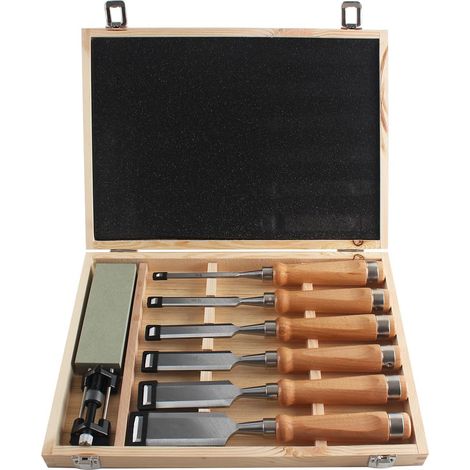 Jeu de ciseaux à bois, comprend 6 ciseaux, 1 pierres à aiguiser et un coffret, pour débutants et professionnels, convient au travail sur du bois (1/5)