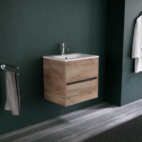 Inda - Badezimmerschrank 2 Schubladen L.60 mit mattem Waschbecken / Natureiche - Diamante