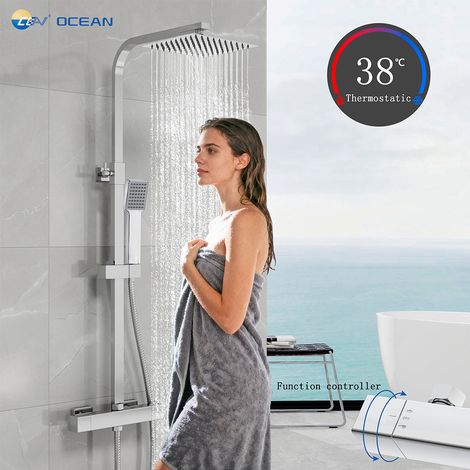 Kit doccia con soffione, doccetta e miscelatore termostatico quadrati, colonna doccia regolabile 73-118cm, cromo lucido