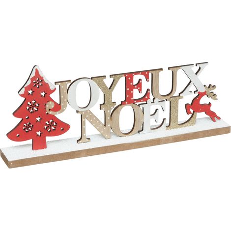 Objet déco Joyeux Noël en bois avec un Sapin rouge L 34 cm - Feeric Christmas