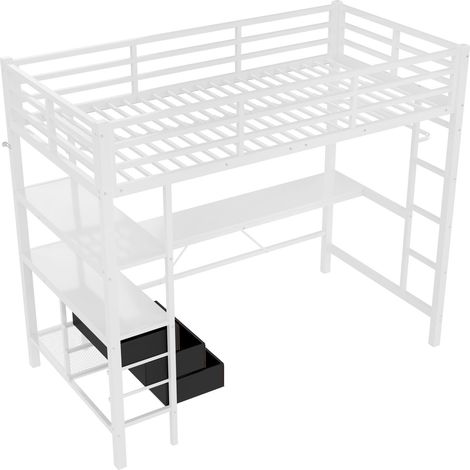 Lit mezzanine 90x200 cm avec LED, bureau, prises USB, 3 tiroirs, étagères, garde-corps, échelle, blanc, chambre ado, matelas non inclus (1/5)